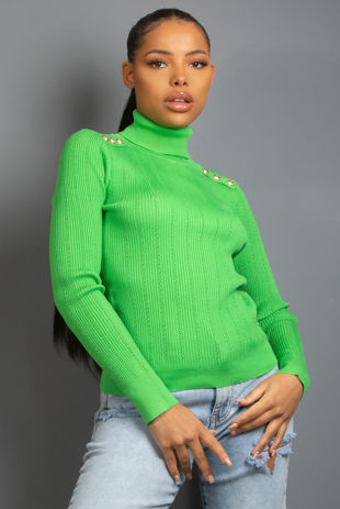 Light Green Ribbed High Neck Button Trim Jumper