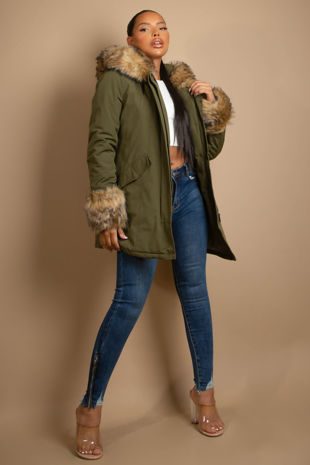 Khaki Parka Coat with Fur Hood & Cuffs