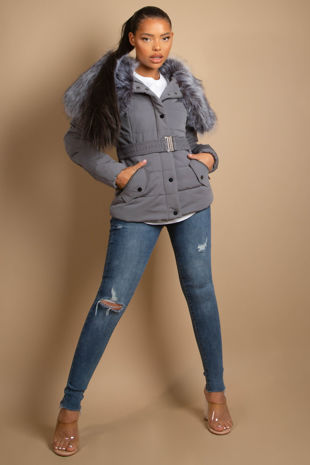 Grey Quilted Jacket with Heavy Fur Collar 