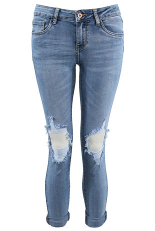 Ripped Knee Skinny Fit Three Quarter Jeans