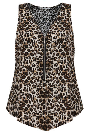 Beige Leopard Print Front Zip Up Detail Top 