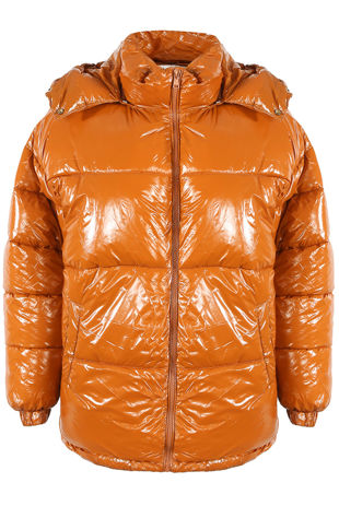 Camel Shiny Funnel Neck Quilted Jacket