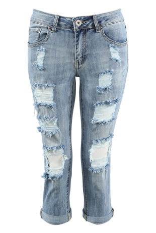 Mid Blue Ripped Denim Pedal Pushers