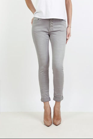Grey Button Front Mid Rise Stretch Jeans 