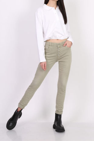 Khaki Button Front Mid Rise Stretch Jeans 