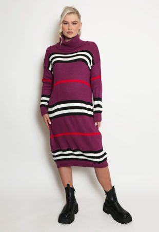 Magenta Stripe Roll Neck Jumper Dress