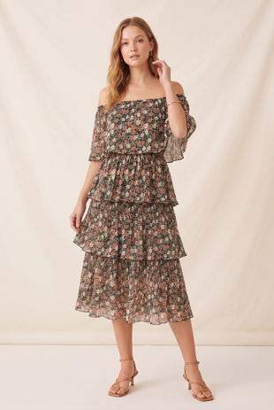 Black Floral Chiffon Tiered Midi Dress
