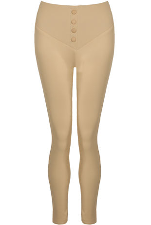 Beige Button Trim PU Leggings