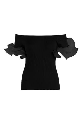 Black Bardot Top With Sheer Frill Sleeve