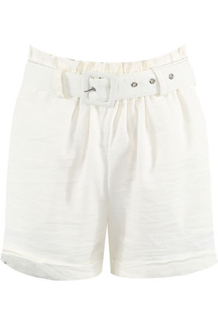 Cream Blended Cotton Belted Shorts