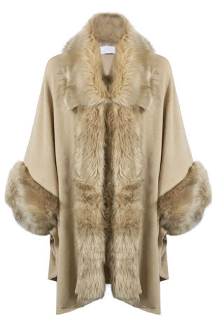 Beige Fur Trim Knitted Cape Pullover