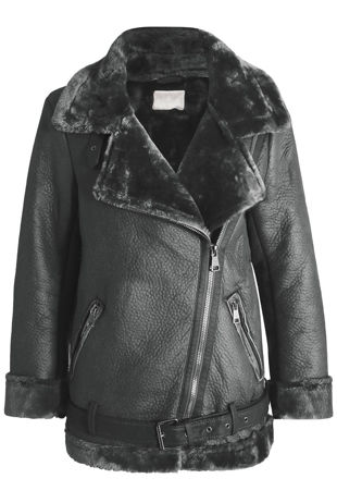 Dark Grey PU Fur Hood Lined Shearling Coat