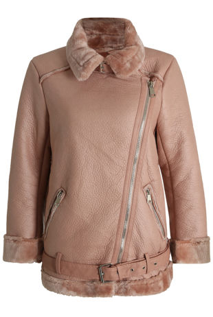 Rose PU Fur Hood Lined Shearling Coat