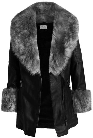 Grey Fur Trim Tie Up Black PU Coat
