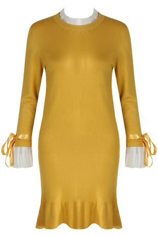 Mustard Ribbed Ruffle Hem Midi Dress