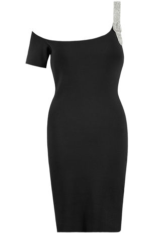 One Shoulder Buckled Strap Mini Dress in Black