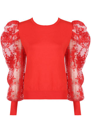 Red Floral Print Mesh Sleeve Jumper