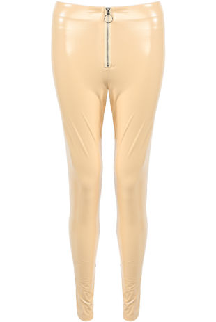 Beige Vinyl PU Front Zip Up Pants