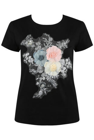 Silver Floral Applique Trim Black Tee