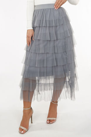 Grey Crochet Tulle Wavy Maxi Skirt