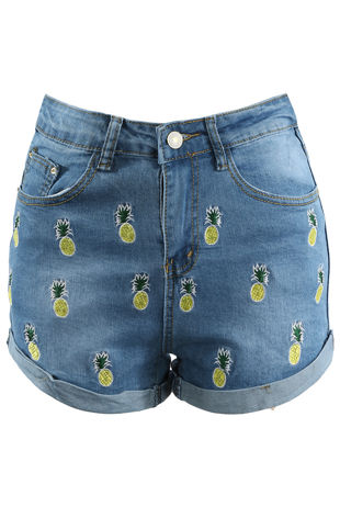 Blue Denim Pineapple Embroidered Shorts