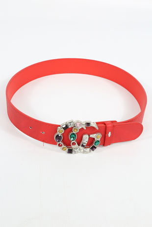 Diamante Logo Buckle PU Red Belt