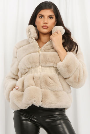 Beige Faux Fur Elastic Waist Band Jacket