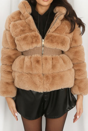 Beige Faux Fur Elastic Waist Band Jacket