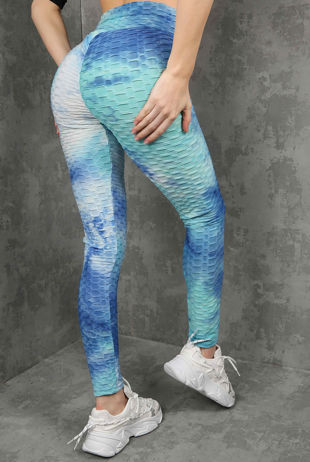 Blue Tie Dye Print Waffle Gym Legging