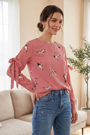 Red Crane Pattern Striped Blouse with Split Tie Sleeves