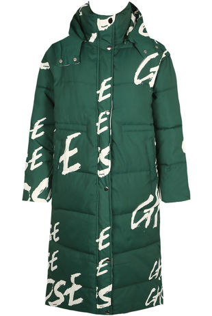 Slogan Hooded Green Puffer Coat