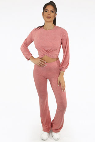 Pink Ribbed Trim Bell Bottom Trouser