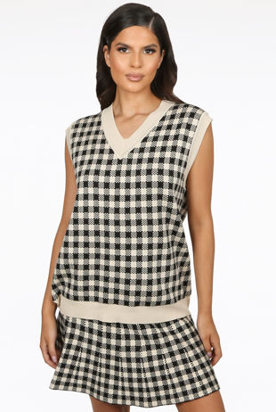 Beige Check Knitted Vest & Mini Skirt Set