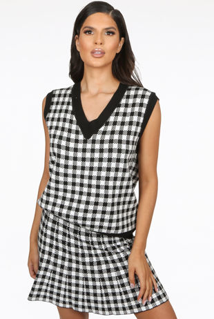 Black Check Knitted Vest & Mini Skirt Set