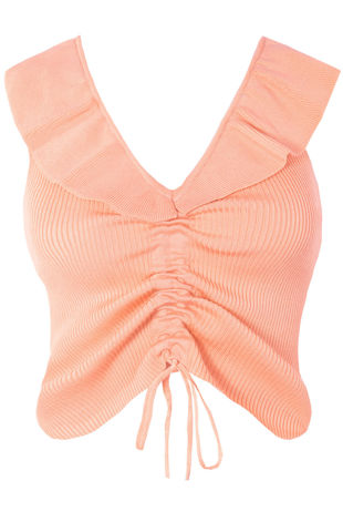 Pink Ruched Front Frill Knit Crop Tops