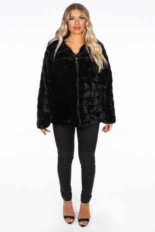 Black Simulated Fur Panels Hooded Coat