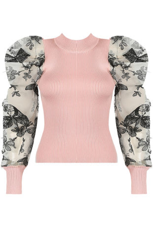 Rose Floral Embroidery Mesh Sleeve Ribbed Jumper