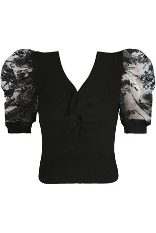 Black Floral Mesh Sleeve Ribbed Jumper
