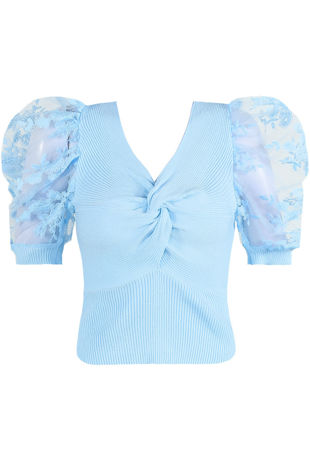 Sky Blue Floral Mesh Sleeve Ribbed Jumper