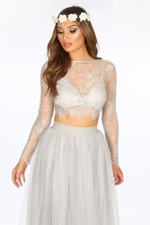 Long Sleeve Sheer Lace Crop Top With Bralet In Grey