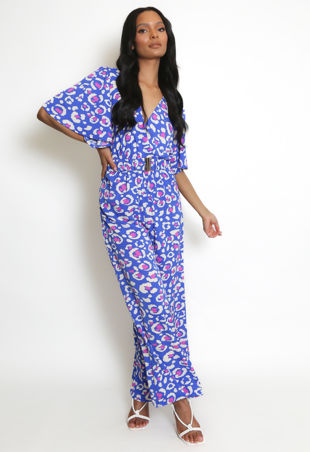 Blue Animal Print Belted Jumpsuit