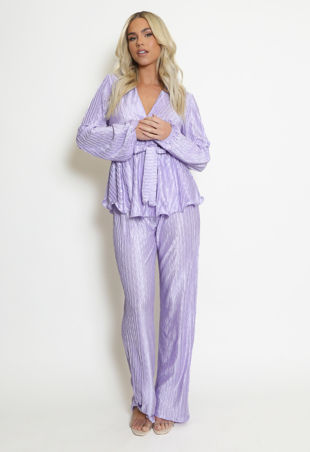 Lilac Belted Peplum Blouse And Trouser Set