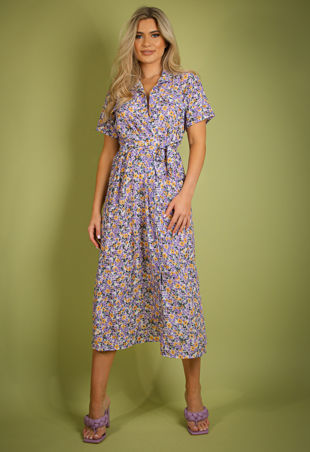 Lilac Floral Print Belted Short Sleeve Shirt Dress