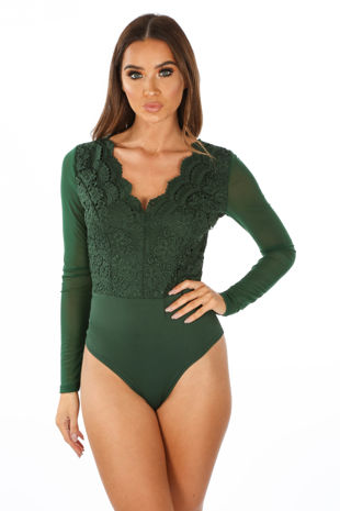 Green Long Sleeve Scallop Edge Slinky Crochet Bodysuit