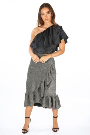 Lurex Frill Midi Skirt In Silver