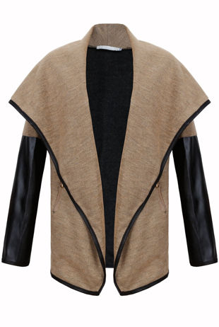 Beige Knitted Ruffle Around PVC Sleeved Jacket