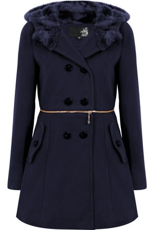 Navy Double Button Detail Fur Hooded Trench Coat