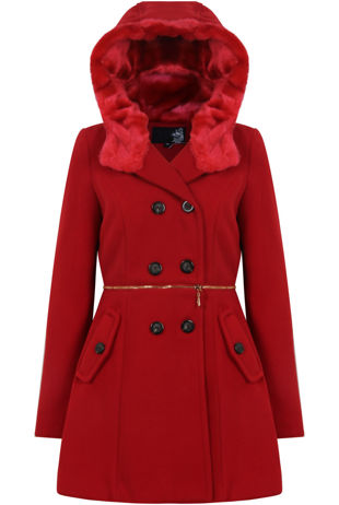 Red Double Button Detail Fur Hooded Trench Coat