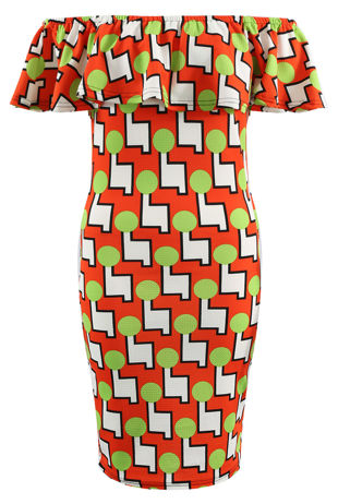 Coral Printed Frill Bardot Midi Dress