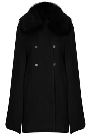 Black Fur Collar Wool Cape Overcoat